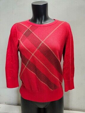 LANDS' END Womens Small red supima cotton sweater argyle preppy 3/4 sleeve